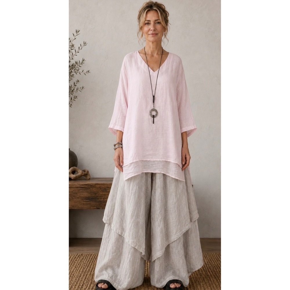 La Fixsun Pink  Linen Tunic Top 3/4 Sleeve Shark Bite Hem Lagenlook USA M